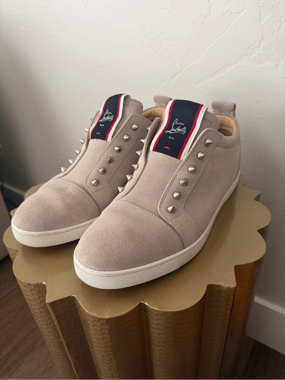 Christian Louboutin Beige Suede Spike Low-Top Slip-On Sneakers